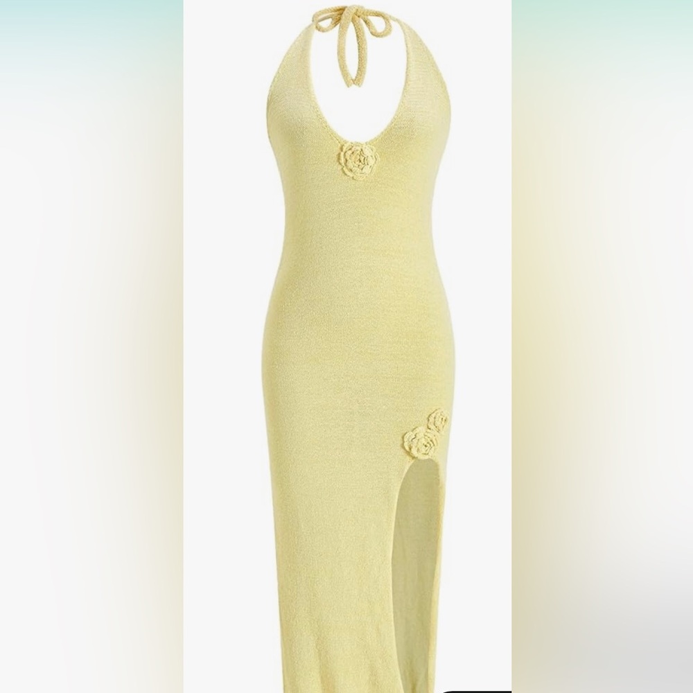 New Canary Yellow Halter Maxi Dress with Floral Accents